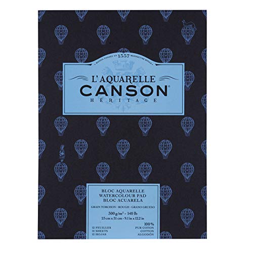Canson Heritage, Papel de acuarela, Áspero, 300g, Encolados por el lado corto, 23x31cm, Blanco, 12 Hojas