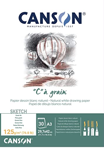Canson ''C'' à grain, Papel de boceto blanco, Grano fino, 125g, Encolados por el lado corto, A3-29,7x42cm, Blanco natural, 30 Hojas