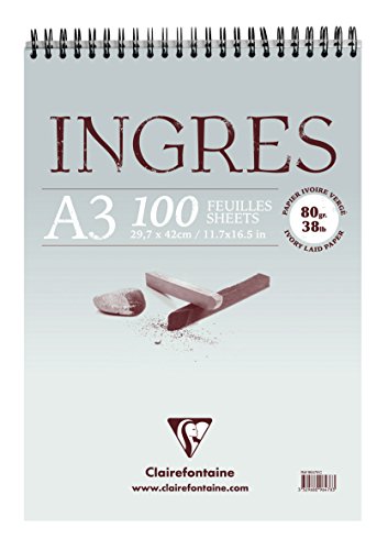 Clairefontaine 96478C Ingres Pastel Espiral Bloc - 100 Hojas Ingres Laid Ivory Paper - A3 29,7 x 42 cm 80g - Ideal para dibujar a lápiz, tiza roja o carboncillo