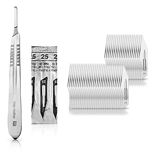 Set - 50 piezas hojas de bisturí No. 25 y mango de bisturí No. 4 - Hojas de repuesto para bisturí hechas de acero al carbono - Estéril