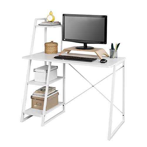 SoBuy Mesa de Escritorio, Mesa de Ordenador con Tres Estantes,Color Blanco,FWT29-W,ES
