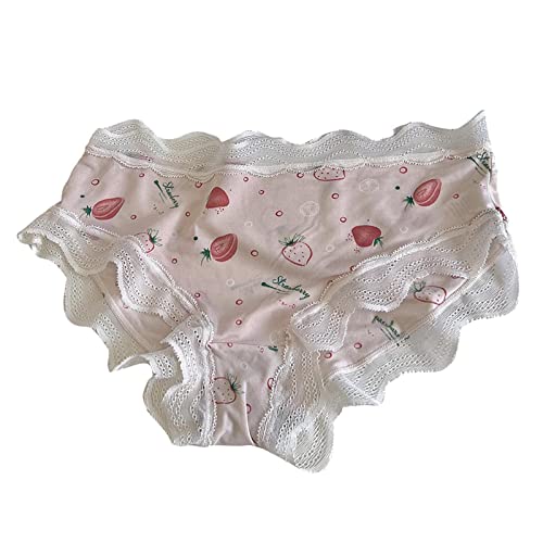 Generisch Bragas de mujer cómodas y lindas con estampado de dibujos animados de seda de hielo, bragas de algodón transpirables con encaje de encaje dulce y elegante para niñas, Rosa., L