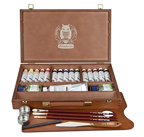 Schmincke - MUSSINI® pinturas al óleo-resina más finas. Caja de madera Premium para pintura al óleo, juego de 15 x 35 ml, 70 615 097, accesorios: blanco 150 ml, terpeno, tapón de paleta, 3 pinceles daVinci, espátula, etc.