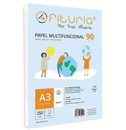 Paquete de folios A3 de 90gr con 250 Hojas Blancas, Papel Multifuncional para Uso Escolar y Entornos Laborales. Ideal con impresoras láser, de inyección o fotocopiadoras - Ofituria