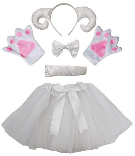 Petitebella - Diadema de cabra, guantes de cola de pajarita, tutú blanco, 5 piezas para disfraz de mujer (blanco, talla única)