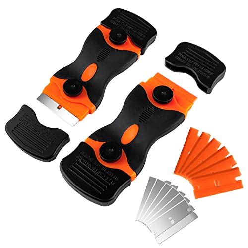 Gvolatee 2 piezas Rasqueta Vitroceramica, Rascador Vitroceramica con 15 Cuchillas Acero y 15 Hojas Plástico, Cuchillas para Rascador Vitroceramica para Etiquetas, Calcomanías, Pintura Vidrio