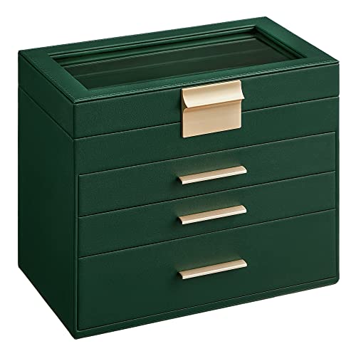SONGMICS Caja de Joyas, Caja Joyero con 4 Niveles, Estuche para Joyería con Tapa de Cristal, 3 Cajones, para Gafas de Sol, Joyas Grandes, Moderno, Verde Bosque y Dorado JBC161G01
