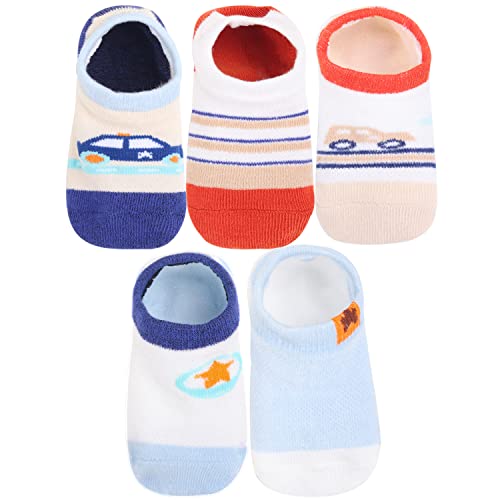 ANIMQUE 5 Pares Niños Bebé Calcetines de Tobillo Algodón Niñita Niñito 2-4 Años Invisible Calcetines Cortos Antideslizante, Coche Dibujos Animados M