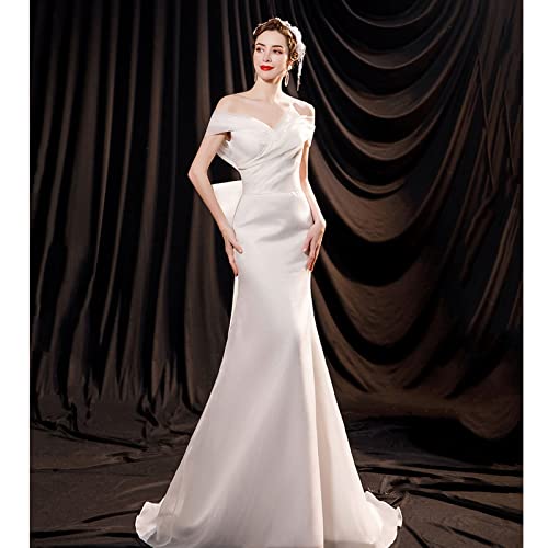 HUANLIAN Vestidos de novia delgados con diseño de arco grande en la espalda tren con cordones vestidos de novia para novia, XS blanco