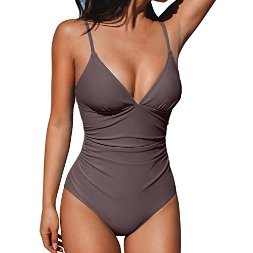 Bañadores Mujer Una Pieza Monokini prenda para la playa Traje de Baño Tirantes Control la Barriga Escote en V Bikini Profundo Fruncido Reductores Barriga para Verano Vacaciones