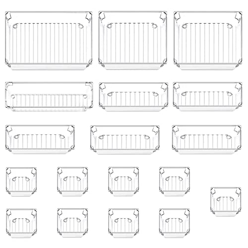 Evance 18 Cajas Organizadoras, Organizador maquillaje, Cajas Bandejas de Plástico Transparente Apilables Almacenamiento para Cajones, Baño (18 pcs)
