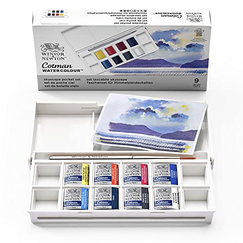 Winsor & Newton Acuarela Cotman - Set temático de bolsillo - Cielos, 8 medio godets + 1 pincel de viaje, colores surtidos
