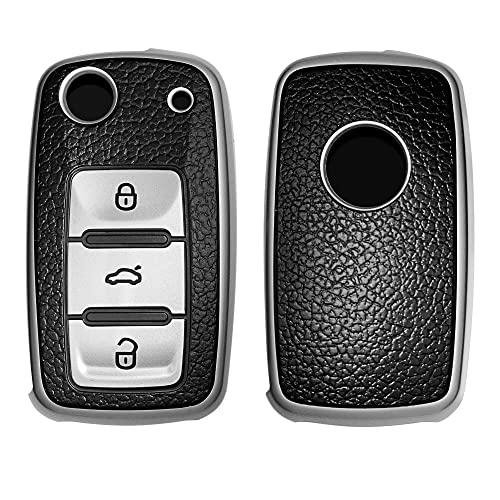 kwmobile Funda para Mando de Coche Compatible con VW Skoda Seat - Carcasa de TPU Tipo Cuero con Botones para Coche - Plata/Negro