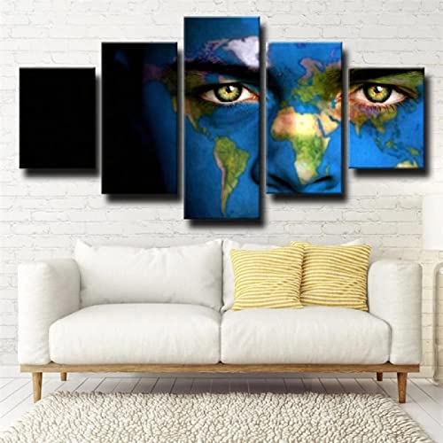 ZIORO Cuadro En Lienzo impresiones pinturas Lienzo Cara Mapa del mundo 5 piezas Pinturas murales Inicio Mordern Decoración （Sin marco）
