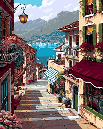 BOSHUN Pintar por Numeros para Adultos Niños Pintura por Números con Pinceles y Pinturas Decoraciones para el Hogar Harbour Town (16*20 Pulgadas, Sin Marco)