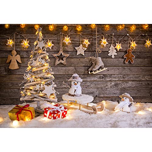 Aoihrraan 2,2x1,5m Navidad Telón De Fondo Estrellas Doradas Brillantes Bolas ?rbol Navidad Madera Mu?eco Nieve Trineo Patines Piso Nieve Pared Madera Marrón Fotografía Ni?as Ni?os Adultos Retrato Foto