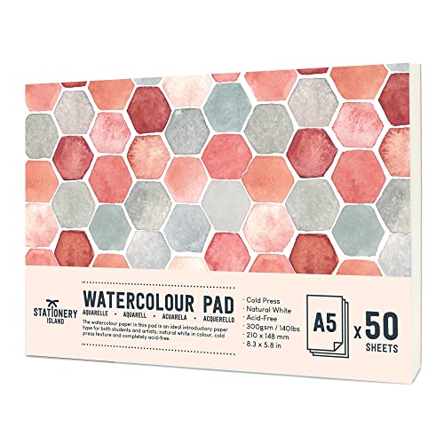 Stationery Island Papel Acuarela 300gr Bloc Cuaderno Acuarelas Din A5 con 100 Páginas (50 Hojas) para Niños Adultos profesional Pintar, Dibujar y Bocetos