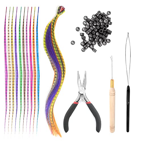 50 extensiones de pelo de plumas sintéticas coloridas; con pinza de hierro, gancho y hebilla, 100 hebillas de silicona, ganchillo; conjunto de extensión de pelo sintético para mujeres, niñas