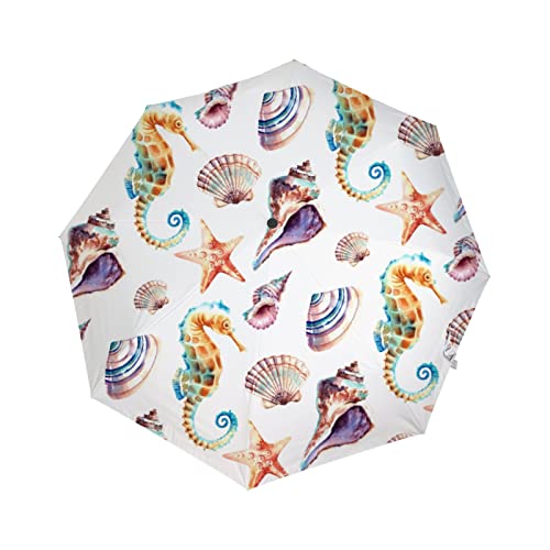 BALll - Paraguas plegable con cierre automático, antiUV, diseño de caballito de mar, estrella de mar, acuarela, viajes, compacto, portátil, Conchas marinas caballito de mar acuarela estrella de mar