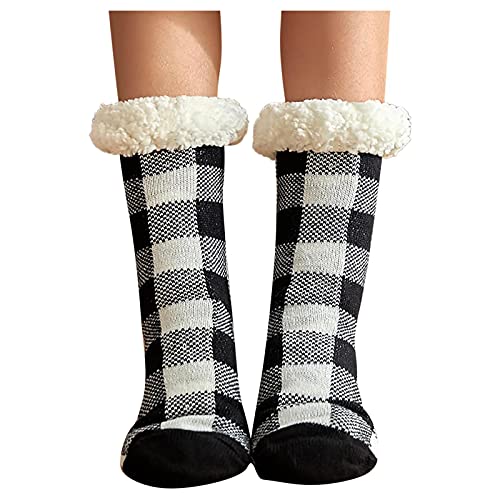 Lomhmn Calcetines Dibujos Calcetines a cuadros cálidos de invierno para mujer, calcetines gruesos cálidos para dormir, zapatillas, calcetines peludos Medias Embarazada Carne (Black, One Size)