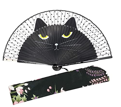 1SourceTek Silk Hand Held Folding Fans 14 pulgadas (38cm) Women Hand Held Folding Fans con caja de regalos - Estilo de dibujos animados japonés (Gato Vegro)