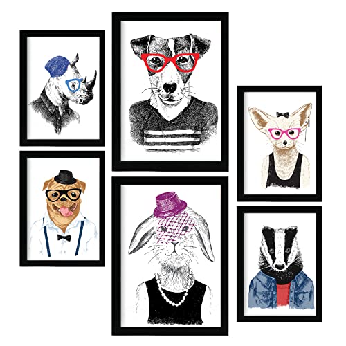 Nacnic Posters de Posters de Animales Modernos en Estilo colorido dibujado a mano. Ilustraciones de Animales con Ropa y Fondo Blanco. Diseño para la Decoración de Interiores. A4 & A3 Marcos Negros.