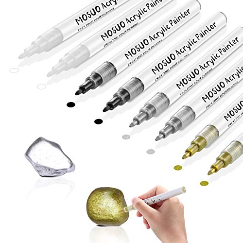 MOSUO 8 Pack Rotuladores de Pintura Acrílica, Rotuladores Metálicos de Permanente para Pintura de Roca, Cerámica, Vidrio, Guijarros, Tela, Lienzo, Madera - 2 Negros 2 Blancos 2 Dorados 2 Plateados