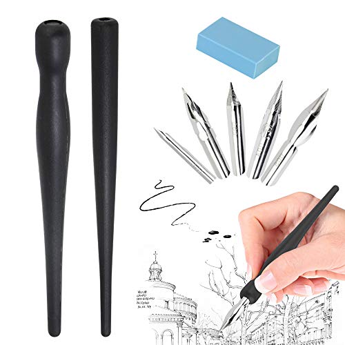 DURANTEY Plumillas Dibujo Manga Plumillas Caligrafia 2 Soporte de Pluma Negro + 5 Puntas + 1 Borrador de Dibujo Palillero Oblicuo Caligrafia para Dibujo Pintura Manga Boceto Principiantes Artistas