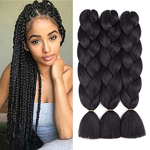 Ombre trenzado de pelo, 3 paquetes/lote Ombre extensiones de cabello trenzado sintético de alta temperatura de 24 pulgadas preestirado cabello (negro)