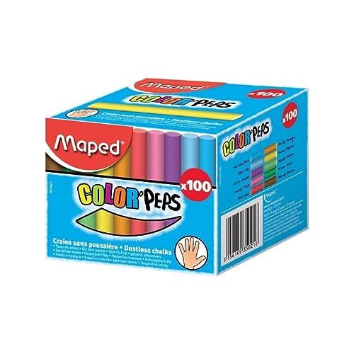 Maped - Tizas de Colores - Tizas para Aceras - 100 Tizas para Pizarras - Fabricadas con Carbonato de Calcio - Fórmula Libre de Polvo - Mejor Visibilidad y Legibilidad - 10 Colores
