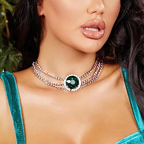 Wendalern Gargantilla verde esmeralda collar multicapa diamante redondo esmeralda piedra natal collar verde cristal piedra colgante collar capas triple cadena corta collar joyería para mujeres niñas