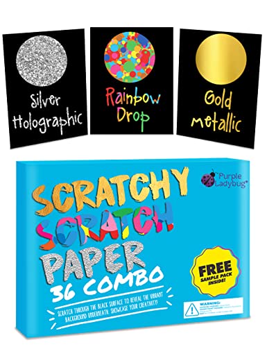 PURPLE LADYBUG Hojas para Rascar 36 Cartulinas A4 Rascables Para Dibujar con Revestimiento Negro de Fondo Arcoiris, Plateado y Dorado - Incluye Pegatinas, Plantillas y Lápices de Madera