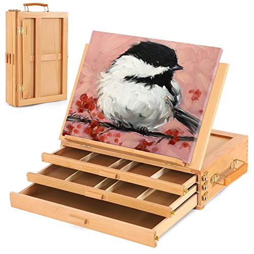 VISWIN Caballete para Mesa de Dibujo de 3 Cajones, Caballete Pintura Ajustable de Haya Premium, Caballete Madera Portátil para Artista, Principiante, Suministros de Arte, Lienzo