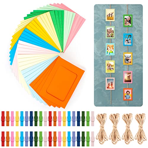 Heqishun 40 Piezas Marco de Fotos de Papel de Color, Marcos de Fotos de Cartón Kraft DIY Marco de Papel con los Clips y Cuerdas para Decoración de La Pared del Hogar, 10 Colores