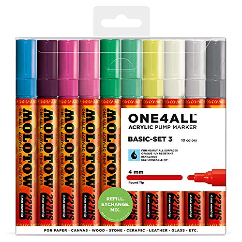 Molotow One4All 227HS - Lápices acrílicos (alta cobertura y permanentes, resistentes a los rayos UV, para casi todas las superficies), color multicolor 10 unidades