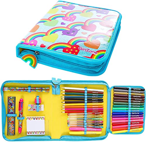 GirlZone Regalos para Niñas -Estuche Escolar Completo Niña, 43 Piezas De Útiles Escolares, Cumpleaños de Arco Iris y Unicornios, Estuche Escolar Niña