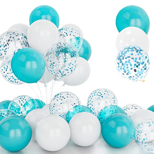 30 Piezas Globos Verde Azulado, 12 Pulgadas Azul Tiffany Confeti Globos, Latex Helio Blanco y Verde Azulado Globos con Cinta para Cumpleaños Boda Niños Baby Shower Fiesta Decoración