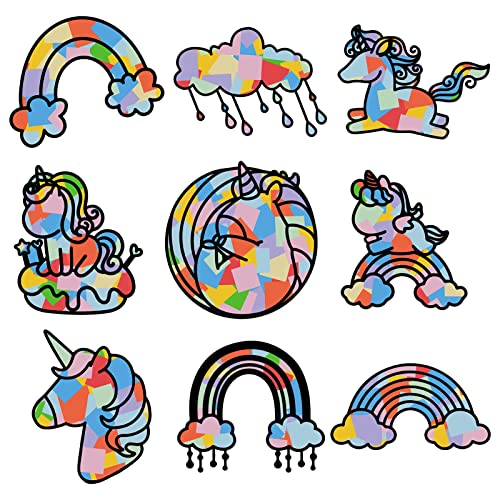 GORGECRAFT 9 Estilos Papel Suncatcher Kit Unicornio Ventana Calcomanía 15 cm Diámetro Vidrio Efecto Papel con 100 Piezas 10 Colores Papel Artesanal DIY Ventana Decoración para Arte Aula Hogar