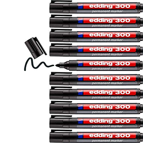 edding 300 marcador permanente - negro - 10 rotuladores- punta redonda 1,5-3 mm - resistente al agua, de secado rápido, rotuladores indelebles - para cartón, plástico, vidrio, madera, metal