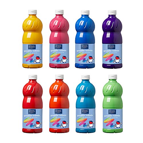 Lefranc Bourgeois Educación, Gouache líquida Redimix, témperas para niños, Set de 8 botes de 1L, colores vibrantes, pinturas para niños y manualidades