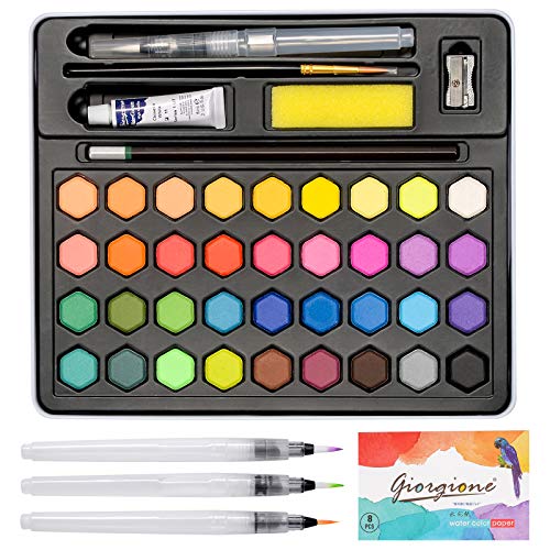 Acuarelas Profesionales Caja de Acuarelas 36 Colores, Set de Pintura de Acuarelas con 5 Pinceles de Acuarelas Papeles y Más Accesorios de Pintura, para Niños Aficionados y Artistas Profesionales