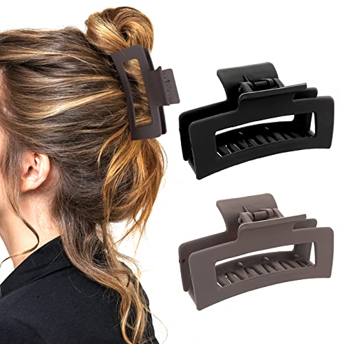 WLLHYF 2 pinzas cuadradas de 3.5 pulgadas pelo medianas mate antideslizantes para el cabello a la moda plátano accesorios peinado mujeres y niñas grueso fino (1 negro + 1 marrón)