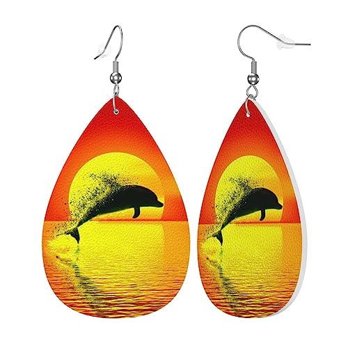 Pendientes de gancho de cuero para mujer, aretes colgantes de gota de agua, aretes colgantes de l醙rima, delf韓, atardecer, pintura de doble cara, accesorios para mujeres, ni馻s o amantes