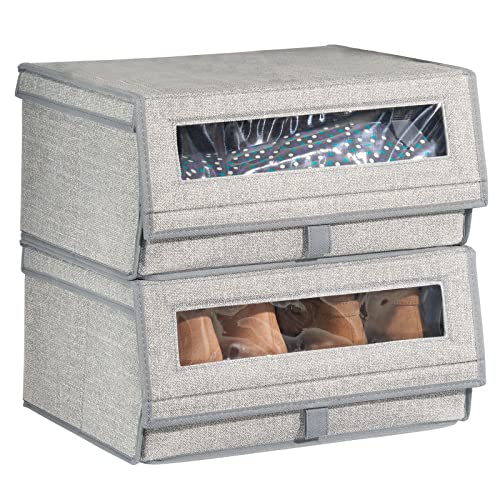 mDesign Juego de 2 cajas para zapatos de fibra sintética (grande) – Cajas apilables con ventana, cierre adhesivo y tapa abatible – Prácticas cajas organizadoras para armarios y estanterías – gris