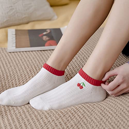 5 Pares/Paquete De Calcetines De Frutas para Mujer con Dibujos Animados De Cereza Dulce UVA Sandía Calcetines Cortos para Niñas, Rojo Ladrillo