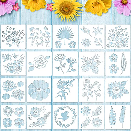 20 Plantillas de Flores Plantilla de Girasol de Rosa Plantilla de Primavera Verano Plantilla de Dibujo de Hoja Plantilla de Pintura Reutilizable para Pintar en Madera Pared, 6 x 6 Pulgadas
