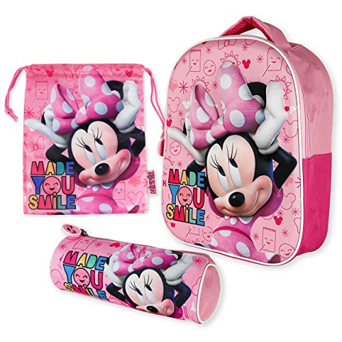 Disney Mochila Infantil 3D, Estuche Escolar y Bolsa Merienda de Cuerdas Pack Diseño Colorido, Niña de 3 Años | Material Escolar Vuelta al Cole con Minnie Mouse
