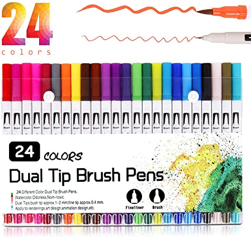 VAKKI Rotuladores Lettering, Rotuladores Doble Punta, 24 Colores Rotuladores Punta Pincel, Rotuladores Acuarelables Brush Pen para Pintar, Caligrafiar, Dibujar, Caricaturizar, Lettering(0.4mm, 1-2mm)
