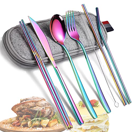 8 Piezas set de cubiertos camping, estuche cubiertos para llevar al trabajo, iridiscente cubiertos acero inoxidable camping, cubiertos de utensilios portátiles, cubiertos para llevar