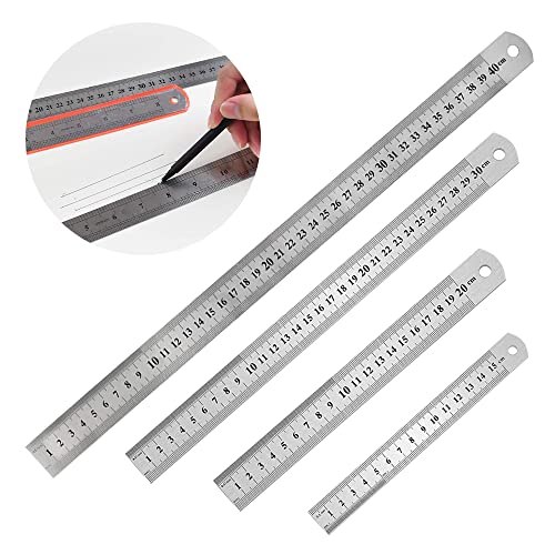 Regla de Acero Inoxidable,Reglas de metal de doble cara de precisión,Juego de reglas de metal con agujero para colgar,4 longitudes: 15 cm, 20 cm, 30 cm,40cm para ingeniería, educación, oficina
